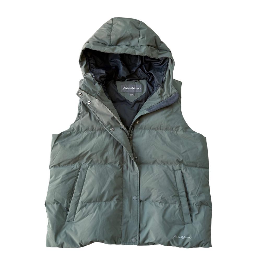 Eddie Bauer Women's Olive Green Hooded Down Quilted Puffer Vest Full Zip Snap XL